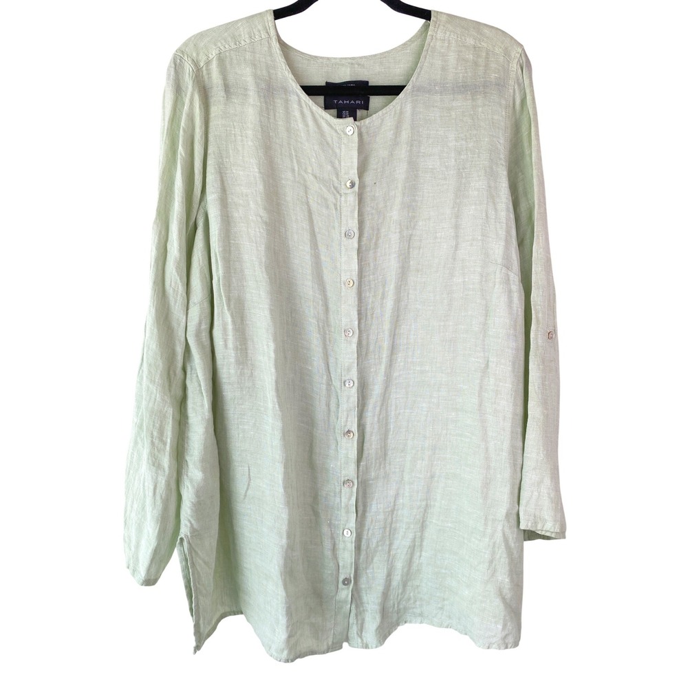 Tahari Womens 100% Linen Shirt 1X Green Pastel Roll Tab Tunic Button Up Coastal